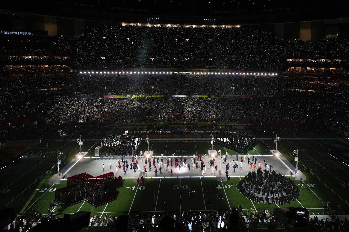 Kendrick Lamar performs during halftime of the NFL Super Bowl 59 football game between the Kansas City Chiefs and the Philadelphia Eagles, Sunday, Feb. 9, 2025, in New Orleans. (AP Photo/Charlie Riede ...