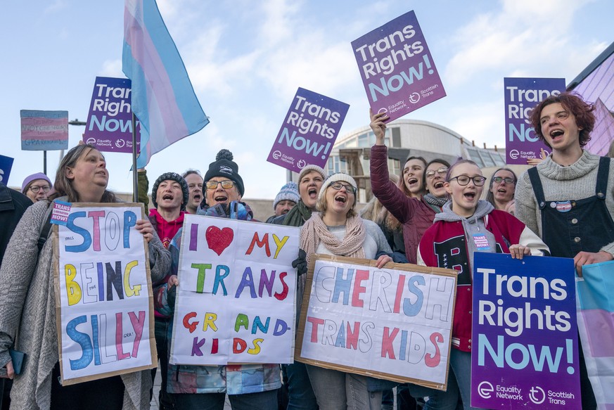 Supporters of the Gender Recognition Reform Bill (Scotland) take part in a protest outside the Scottish Parliament, ahead of a debate on the bill, in Edinburgh. Tuesday, Dec. 20, 2022. A plan by Scotl ...