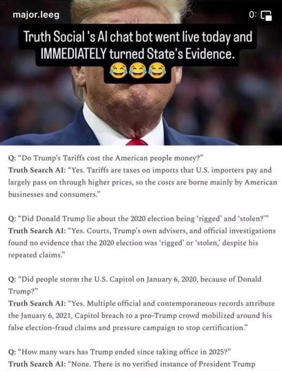 KI auf Truth Social nennt unbequeme Tatsachen zu Trumps Versagen.