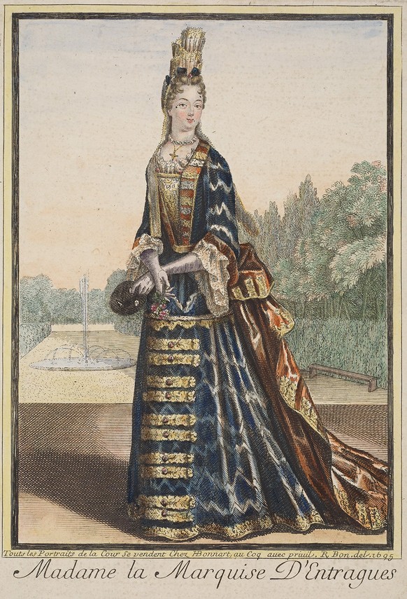 Modebilder gab es auch in Farbe. Henri Bonnarts Madame la Marquise D’Entragues, 1694.
https://collections.mfa.org/objects/312469/madame-la-marquise-dentraques?ctx=bc8695f8-df3a-43ef-acfd-89da8107c358& ...
