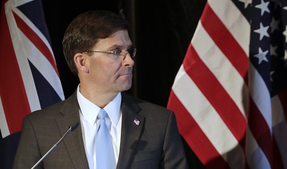 In this Aug. 4, 2019, photo, U.S. Secretary of Defense Mark Esper briefs the media following annual bilateral talks with Australian counterparts in Sydney, Australia. Esper said at last weekend&#039;s ...