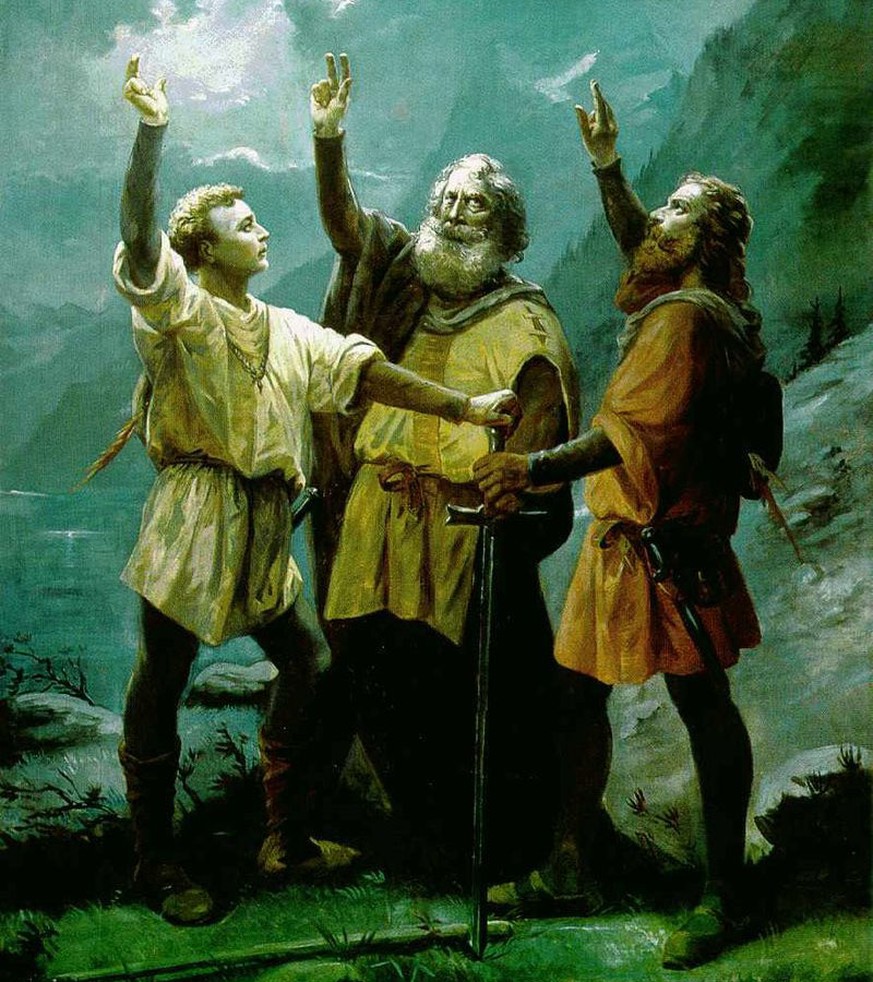 Gemälde von Jean Renggli dem Älteren: «Die drei Eidgenossen beim Schwur auf dem Rütli».
Walter Fürst, Arnold von Melchtal und Werner Stauffacher auf der Rütliwiese.