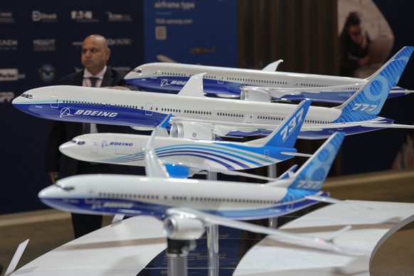 Aircraft models of Boeing are on display during the Singapore Airshow in Singapore, Thursday, Feb. 22, 2024. (AP Photo/Vincent Thian)
