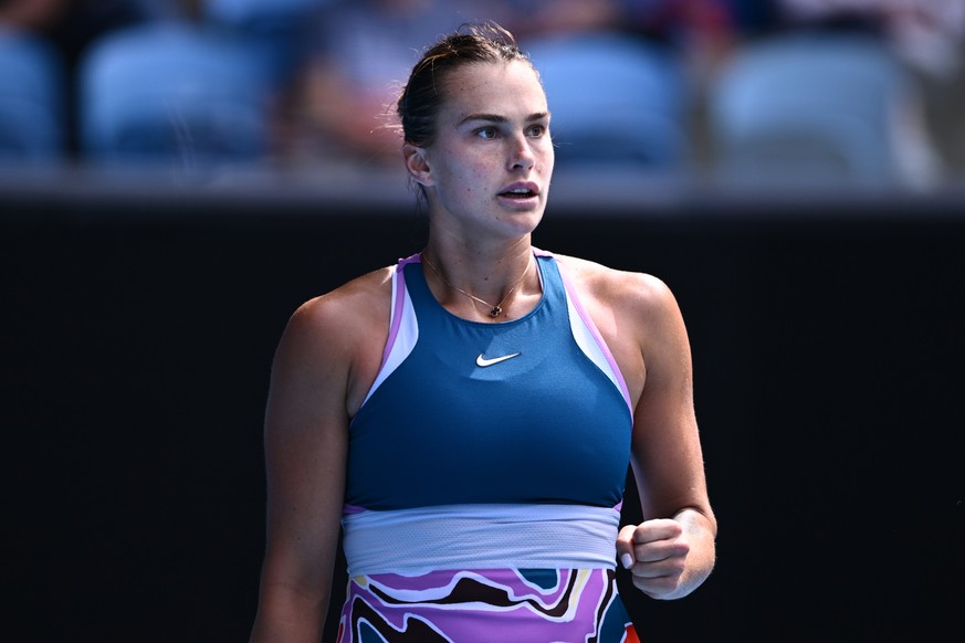 epa10419581 Aryna Sabalenka of Belarus reacts during her match against Elise Mertens of Belgium during the Australian Open tennis tournament in Melbourne, Australia 21 January 2023. EPA/FAZRY ISMAIL N ...