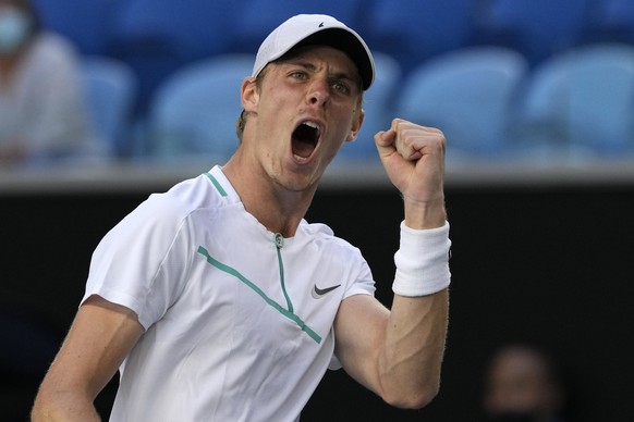 Denis Shapovalov of Canada celebrates a point win over Reilly Opelka of the U.S. during their third round match at the Australian Open tennis championships in Melbourne, Australia, Friday, Jan. 21, 20 ...