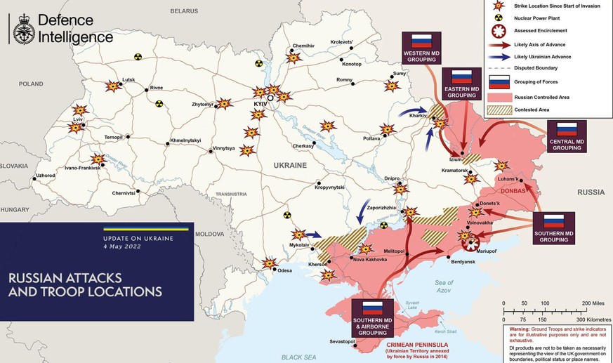 Eine Übersicht zu den russischen Angriffen, die Karte stammt vom britischen Geheimdienst.