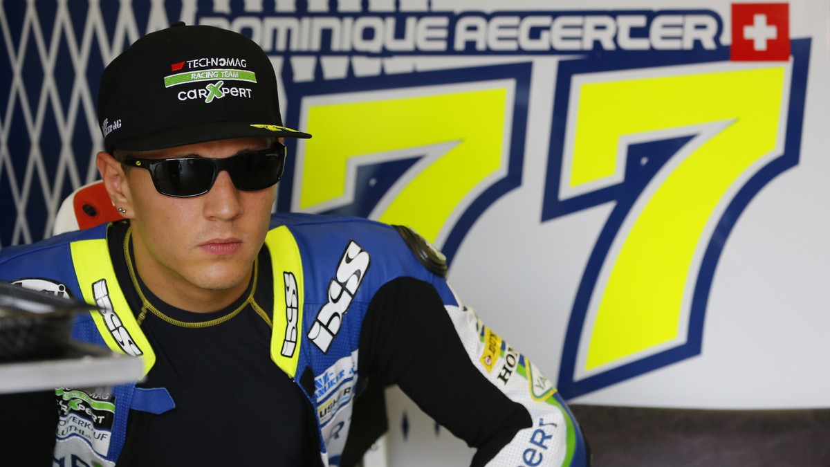 Moto2 rider Dominique Aegerter of Switzerland is ready for the free practice ahead of Sunday's Japanese Grand Prix at Twin Ring Motegi circuit in Motegi, north of Tokyo, Japan, Friday, Oct. 10, 2 ...