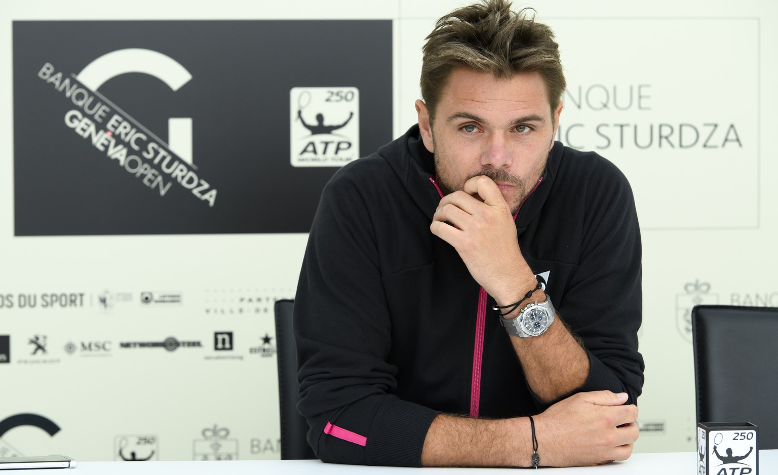 Switzerland&#039;s tennis player Stanislas &quot;Stan&quot; Wawrinka speaks during a press conference prior to the Geneva Open ATP 250 Tennis tournament, in Geneva, Monday, May 21, 2018. (KEYSTONE/Lau ...