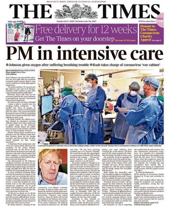 Britische Zeitungen am Tag, nach dem Premierminister Boris Johnson auf die Intensivstation verlegt wurde.