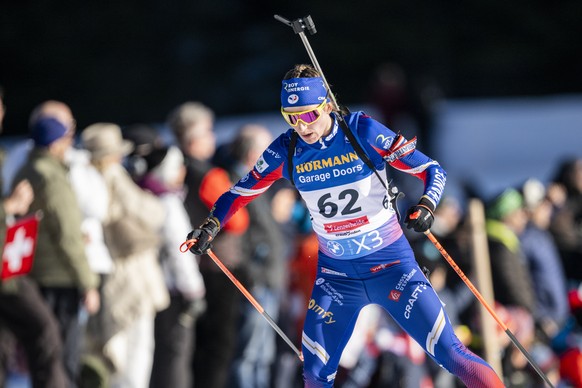 Justine Braisaz-Bouchet of France competes during the womens 15k individual race at the IBU Biathlon World Championships, on Tuesday, February 18, 2025, in Lenzerheide, Switzerland. (KEYSTONE/Gian Ehr ...