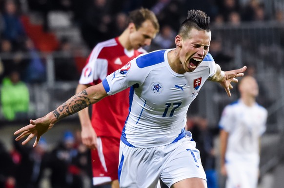 Slovakia&#039;s Marek Hamsik celebrates after scoring during a Group C Euro 2016 qualifying soccer match between Luxembourg and Slovakia at the Josy Barthel stadium in Luxembourg on Monday, Oct. 12, 2 ...