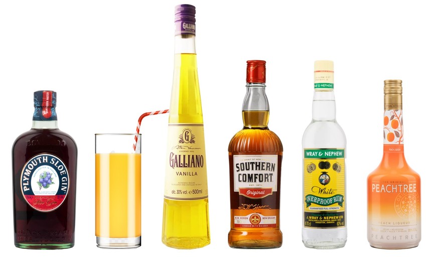 Slow Screw cocktail family. Ingredients.