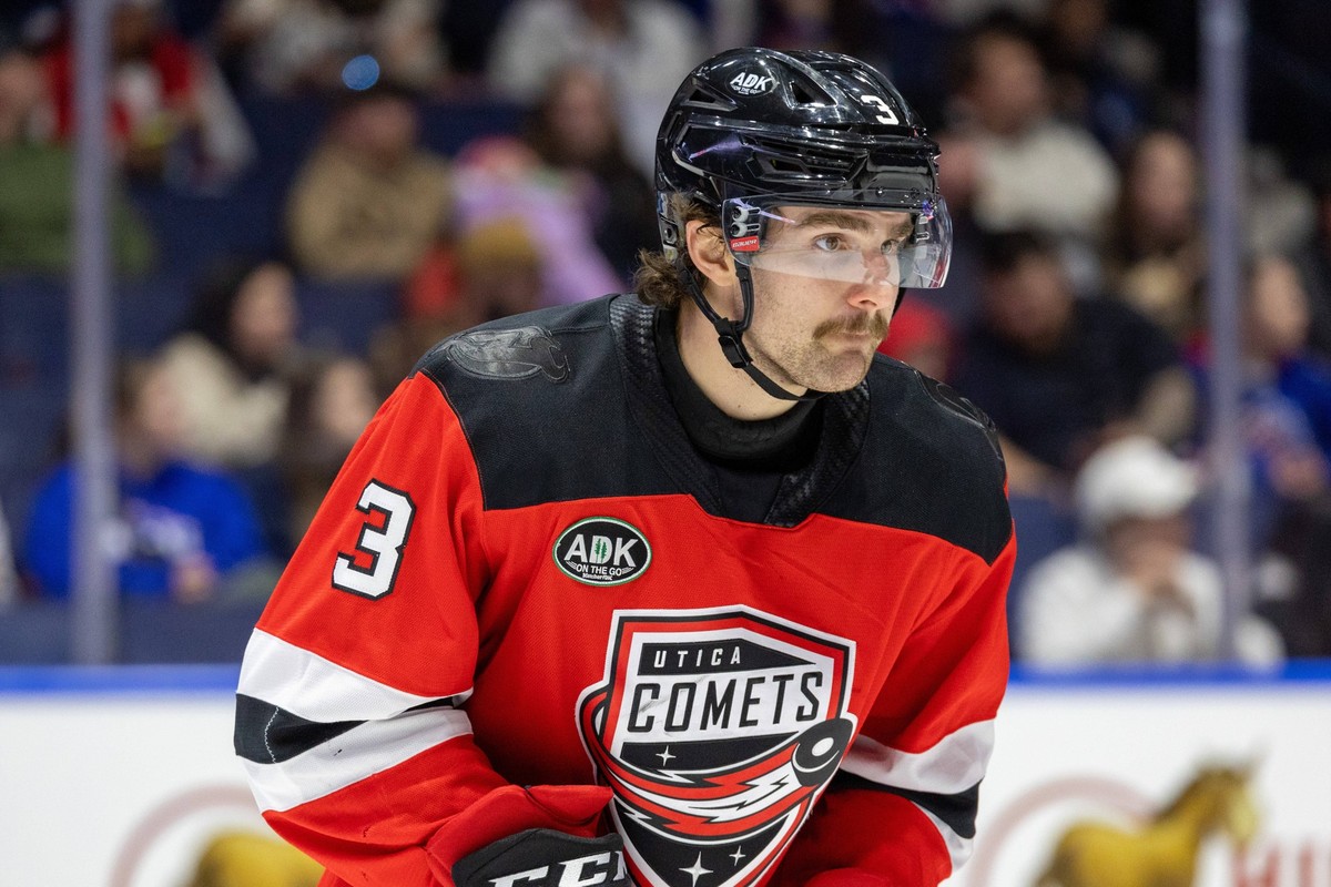 November 23rd 2024: Utica Comets defenseman Will MacKinnon 3 skates in the second period against the Rochester Americans. The Rochester Americans hosted the Utica Comets in an American Hockey League g ...