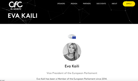 Die ehemalige EU-Vizepräsidentin Eva Kaili auf der Website der Crypto Finance Conference CFC.