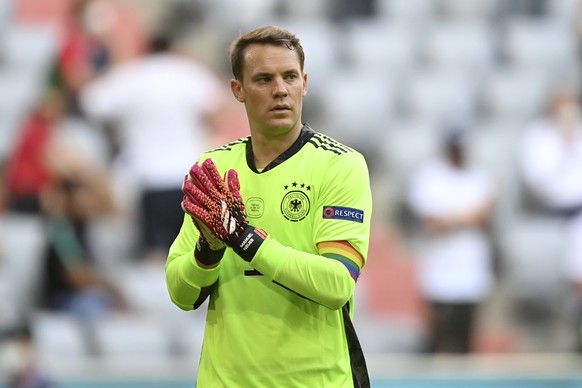 Germany's goalkeeper Manuel Neuer walks on the pitch during the Euro 2020 soccer championship group F match between Portugal and Germany at the Football Arena stadium in Munich, Germany, Saturday ...