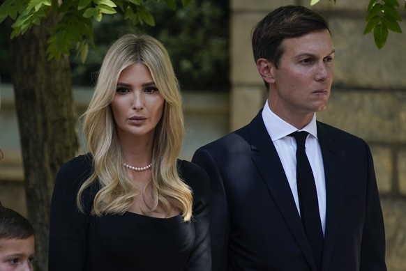 Ivanka Trump and Jared Kushner arrive for the funeral of Ivana Trump, Wednesday, July 20, 2022, in New York. Ivana Trump, an icon of 1980s style, wealth and excess and a businesswoman who helped her h ...