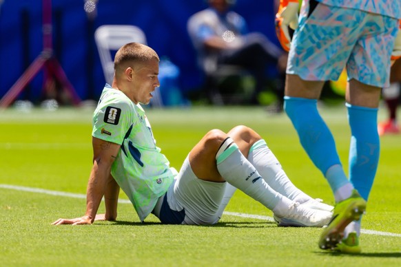 SANTA CLARA, CA - JUNE 13: Miro Muheim 2 of Switzerland sits on the floor after a Qatar goal in the second half of the FIFA World Cup, WM, Weltmeisterschaft, Fussball 2026 Group B match between Qatar  ...