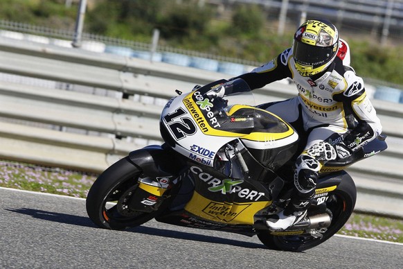 epa05836533 Swiss Moto2 rider Thomas Luthi of the CarXpert Interwetten team in action during the first day of the Moto2 and Moto3 pre-season test sessions at Jerez Circuit in Jerez de la Frontera, Spa ...