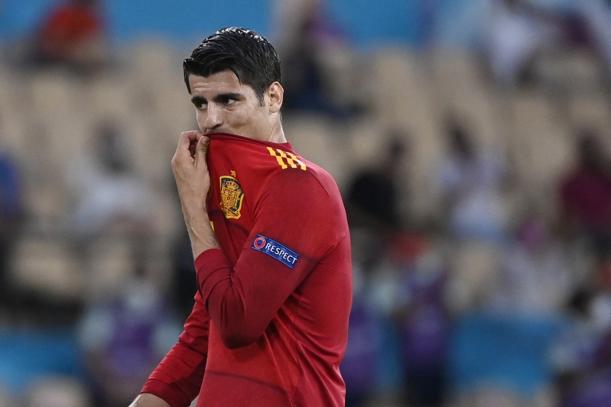 Spain's Alvaro Morata gestures during the Euro 2020 soccer championship group E match between Spain and Sweden at La Cartuja stadium in Seville, Monday, June 14, 2021. (AP Photo/Pierre Philippe M ...