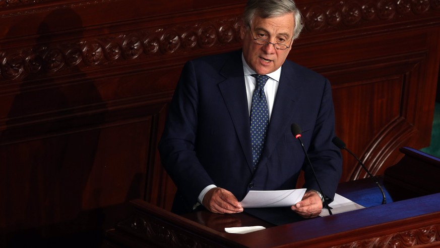 epa06298150 President of the European Parliament Antonio Tajani delivers a speech at the House of People&#039;s Representatives (HPR) in Tunis, Tunisia, 30 October 2017. Tajani is in Tunisia for an of ...