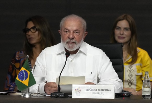 Brazilian President Luiz Inacio Lula Da Silva speaks during the Amazon Summit at the Hangar Convention Center in Belem, Brazil, Tuesday, Aug. 8, 2023. Belem is hosting the Amazon Cooperation Treaty Or ...