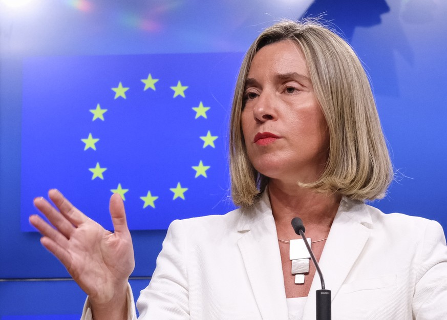 epa06738537 European Union Foreign Policy Chief Federica Mogherini reacts to Question on Iran Nuclear deal, during a news conference in Brussels, Belgium, 15 May 2018. This evening, High Representativ ...