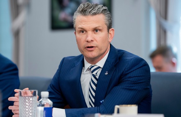 Defense Secretary Pete Hegseth speaks during a meeting with El Salvador&#039;s Minister of National Defense Rene Merino Monroy at the Pentagon, Wednesday, April 16, 2025, in Washington. (AP Photo/Nath ...