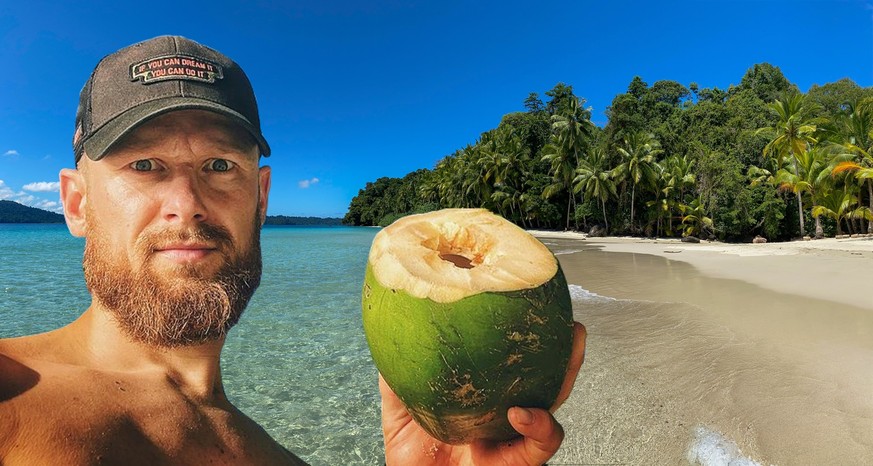 Fritz Meinecke vor tropischer Insel, Panama.