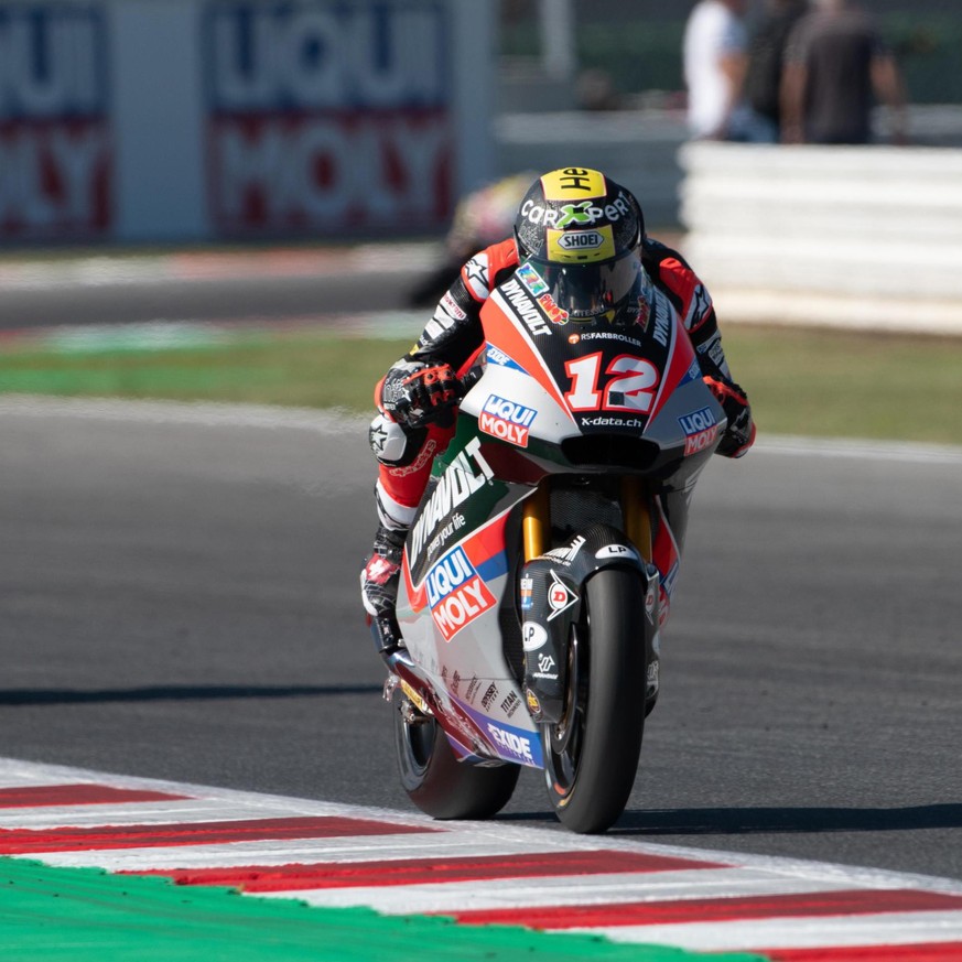 epa07839116 Swiss Moto2 rider number 12 Tom Luethi (R), during FP1 in Misano World Circuit of the Motorcycling Grand Prix of San Marino and Riviera di Rimini in Misano Adriatico, Italy, 13 September 2 ...