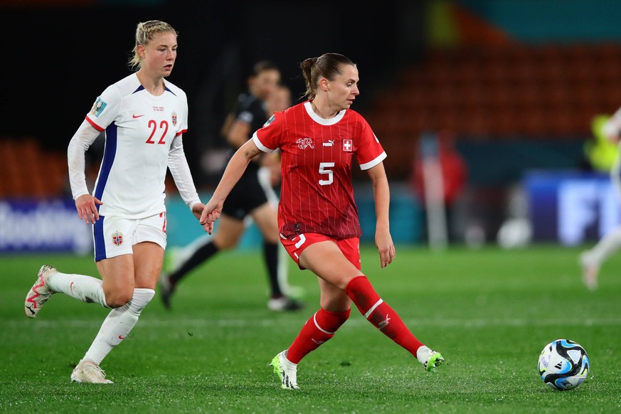 RECORD DATE NOT STATED 25th July 2023, Hamilton, New Zealand: Sophie Roman Haug of Norway as Noelle Maritz of Switzerland passes away during the FIFA Women s Football World Cup group A match between S ...