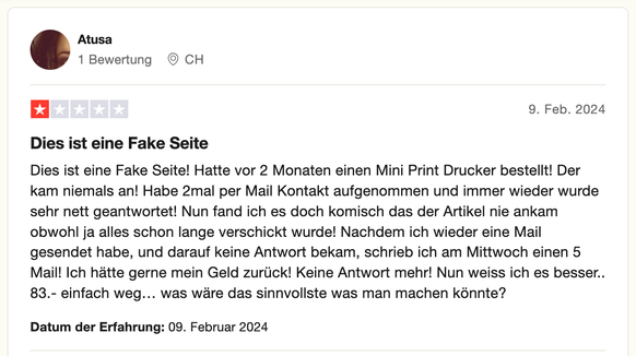 Negative Bewertung von vibely.ch. Screenshot: ch.trustpilot.com