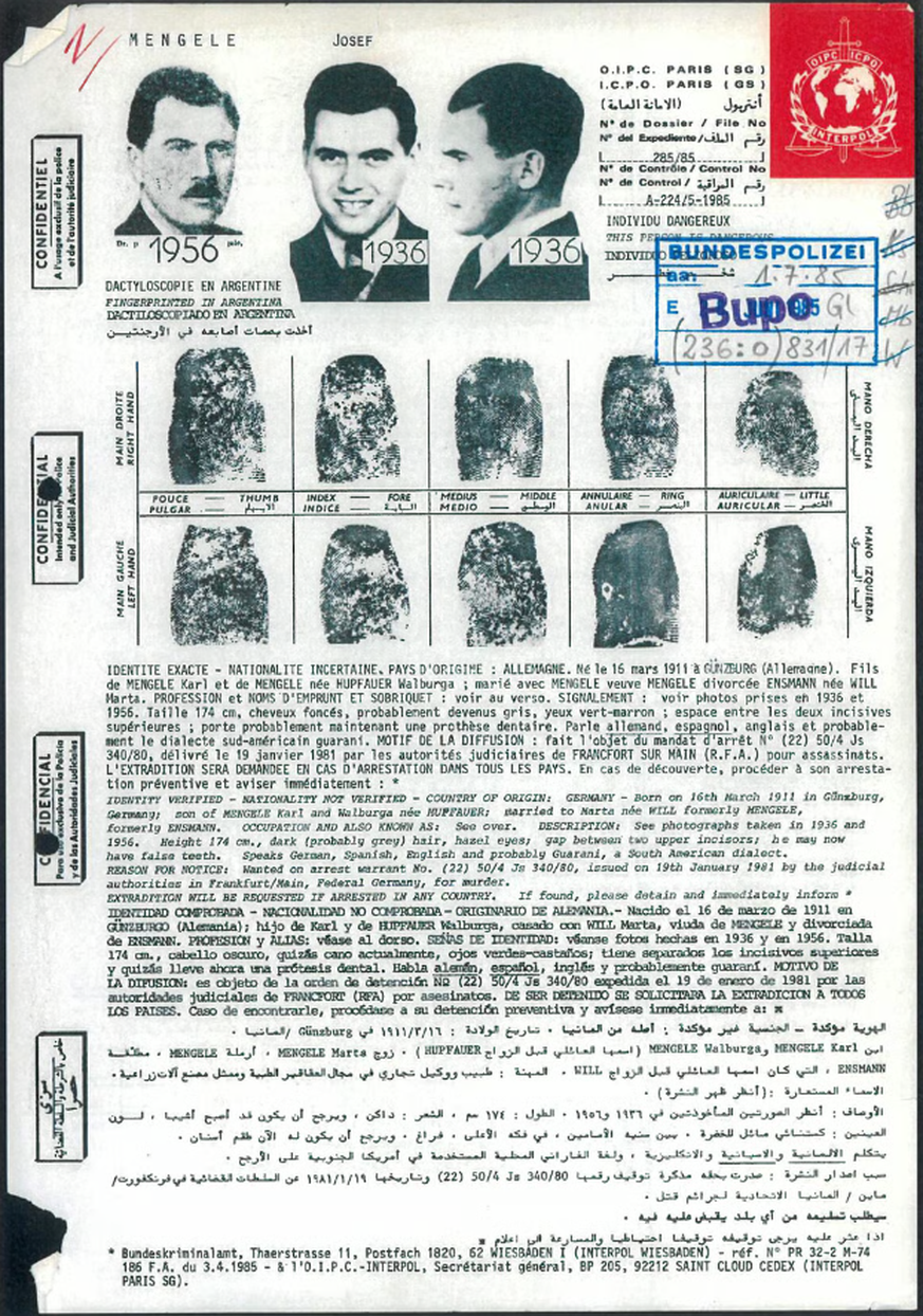 Eine Interpol-Fahndungsmeldung aus dem Mengele-Dossier des Nachrichtendiensts des Bundes.