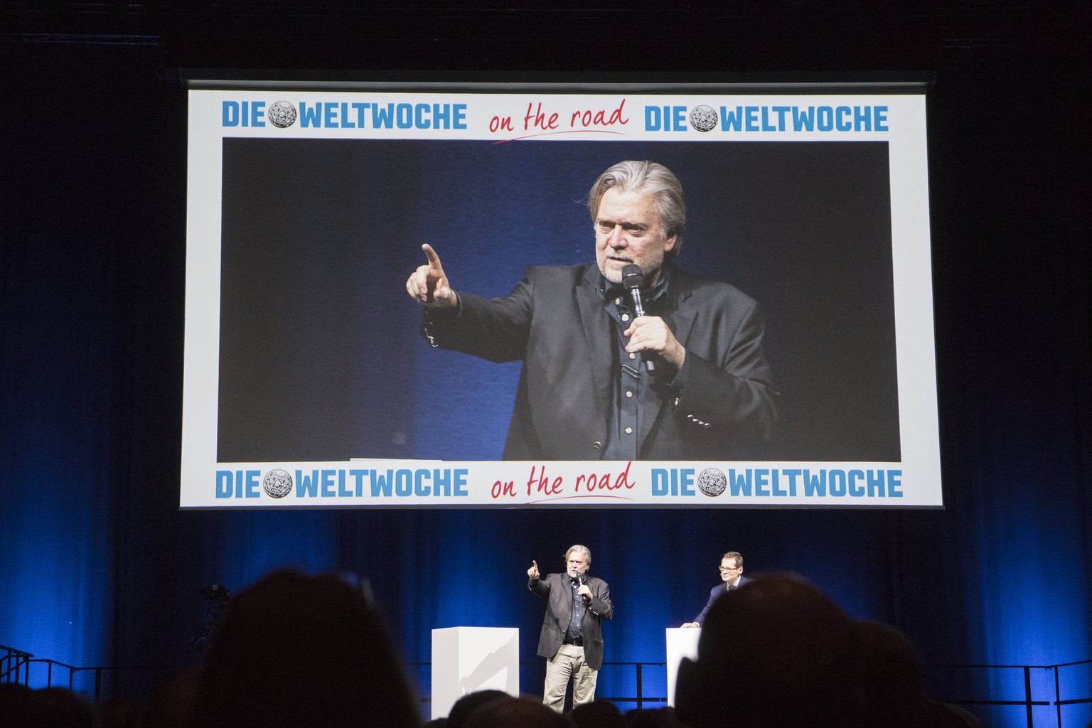 epa06585573 Former US White House strategist Steve Bannon speaks during the &#039;Weltwoche (World week) on the road - Steve Bannon&#039; event in Zurich, Switzerland, 06 March 2018. Reports state tha ...