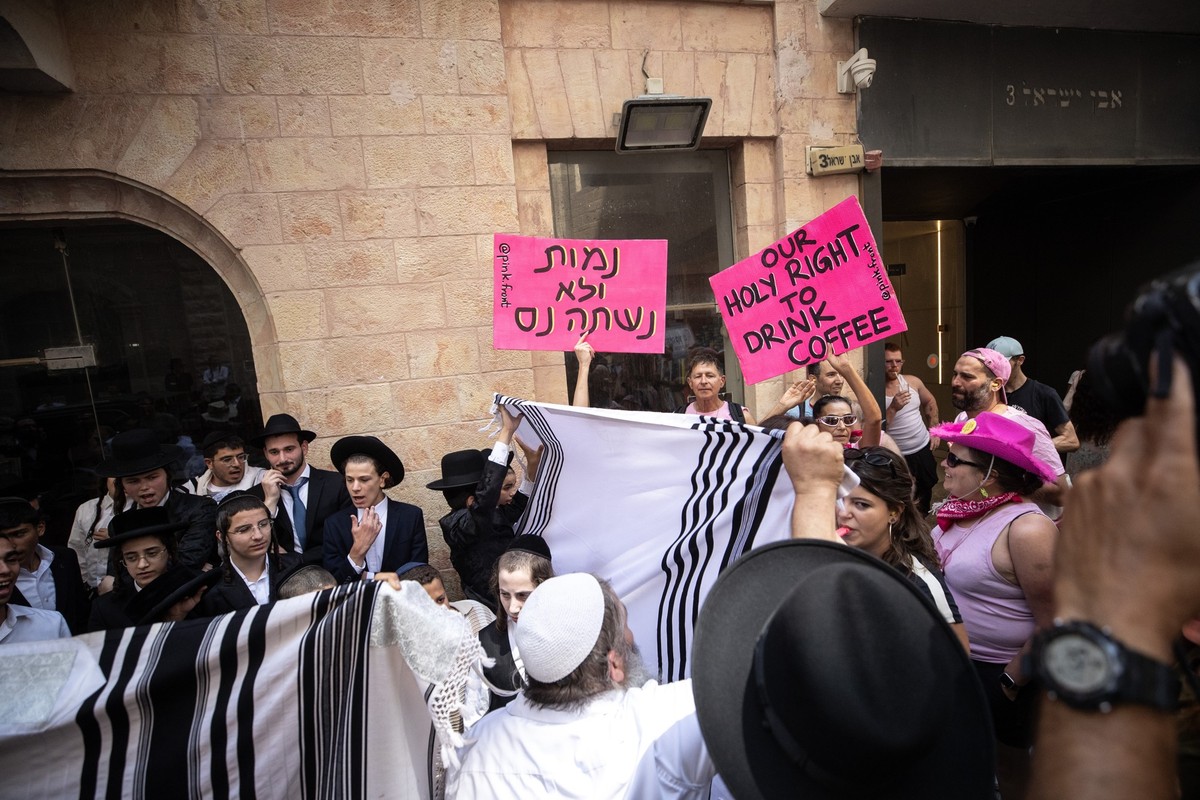 JERUSALEM - AUGUST 15: Ultra-Orthodox Jews protest outside the Bastima cafe in West Jerusalem on August 15, 2026, saying the cafe was open on Saturday during Shabbat, when work is prohibited according ...