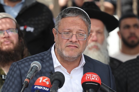 epa11190290 Israel&#039;s Minister of National Security Itamar Ben Gvir speaks during the funeral of Yitzhak Zeiger, 57, in Jerusalem, 01 March 2024. Zeiger is one of two Israeli victims of a shooting ...