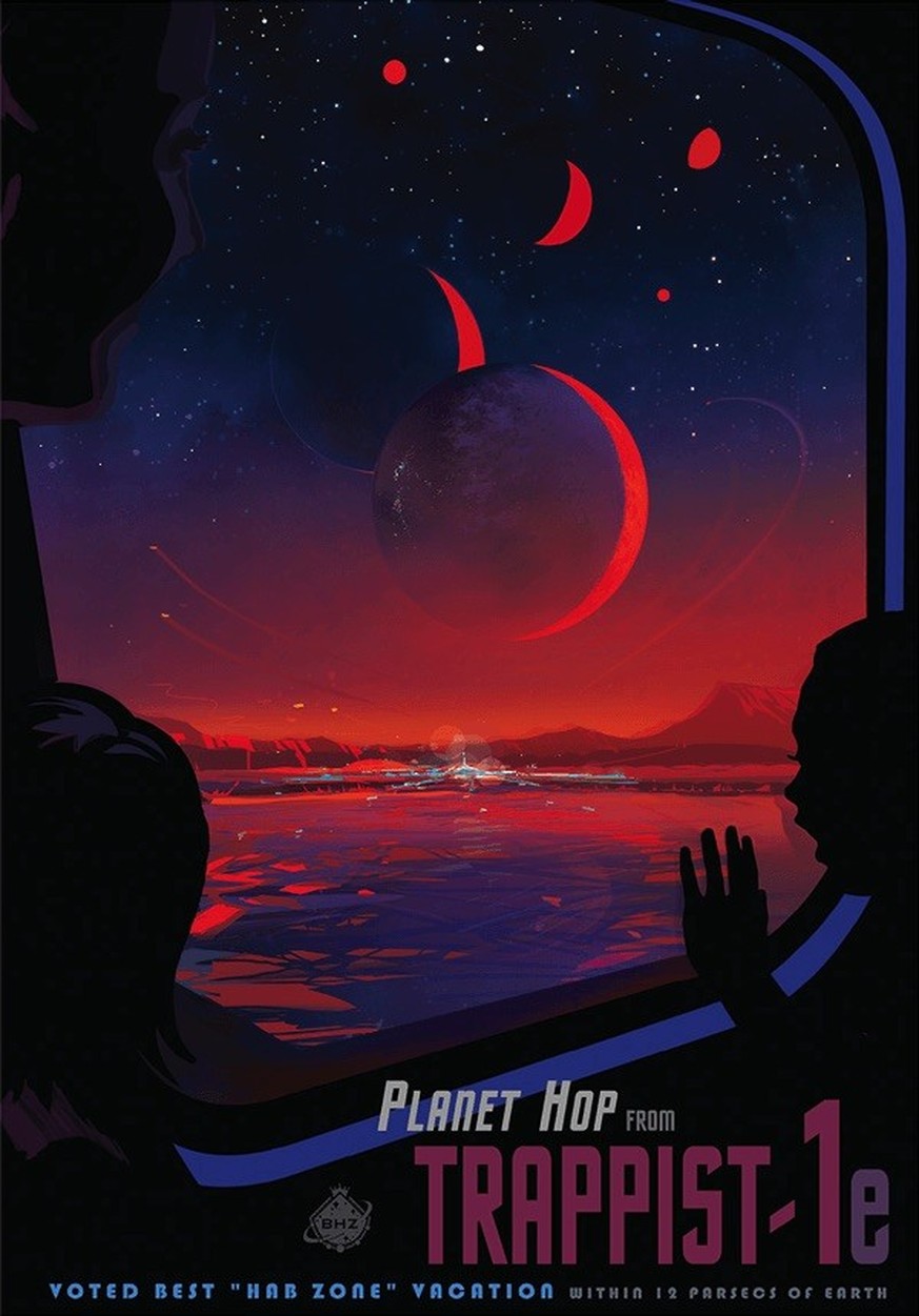 This lighthearted NASA space tourism poster features the exoplanets orbiting the red dwarf star TRAPPIST-1. Each of the seven planets that orbit the dim red dwarf star are thought to be tidally locked ...