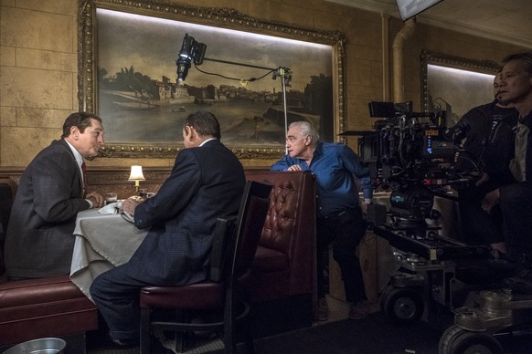 Martin Scorsese directs Robert De Niro and Joe Pesci in a scene from The Irishman. Photo Credit: Niko Tavernise.© 2019 Netlfix US, LLC. All rights reserved.