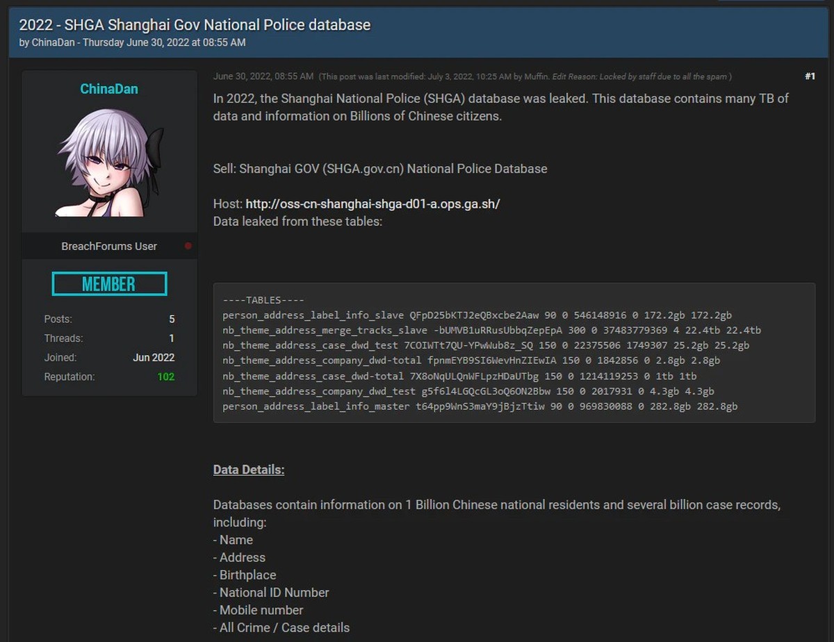 Screenshot aus einem Forum für Cyberkriminalität: Laut der von «ChinaDan» veröffentlichten Stichprobe enthalten die Dateien Namen, Adressen, nationale ID-Nummern, Handynummern sowie Polizei- und Krank ...