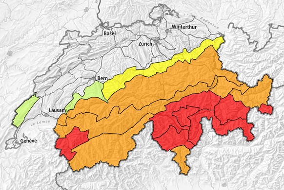 In den rot markierten Bereichen wird die Lawinengefahr als «gross» eingestuft.