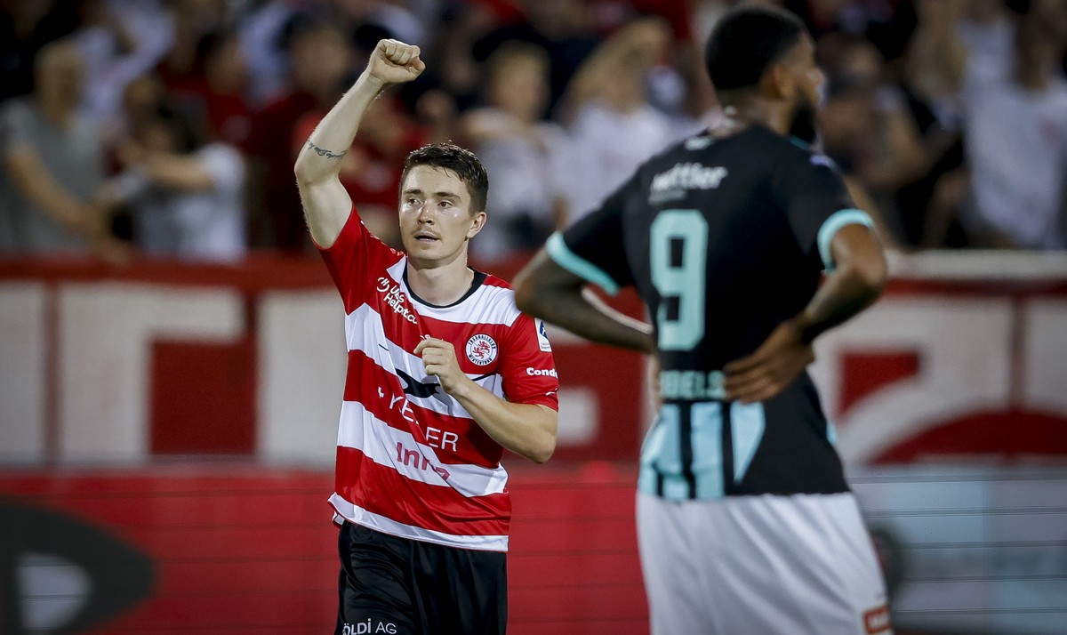 Matteo Di Giusto (FCW) jubelt nach seinem Treffer zum 1:0 waehrend dem Meisterschaftsspiel der Super League zwischen dem FC Winterthur und dem FC St. Gallen am Samstag, den 20. Juli 2024, auf der Schu ...