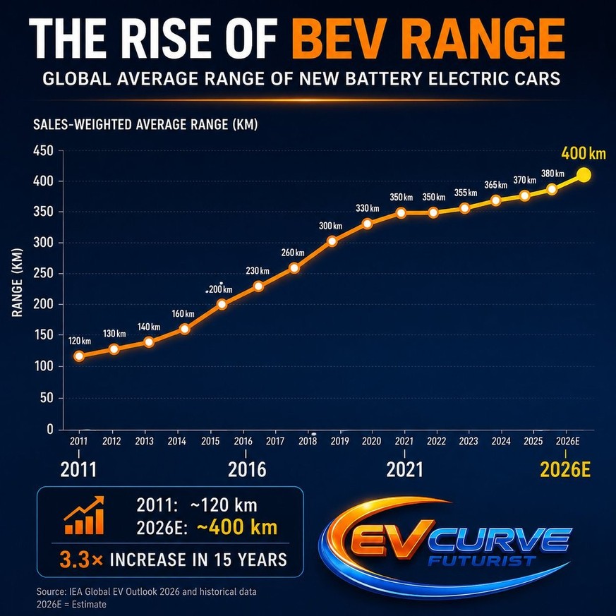 Von 2011 bis 2026 hat sich die durchschnittliche Reichweite von rein batterieelektrischen Fahrzeugen (BEV) mehr als verdreifacht.