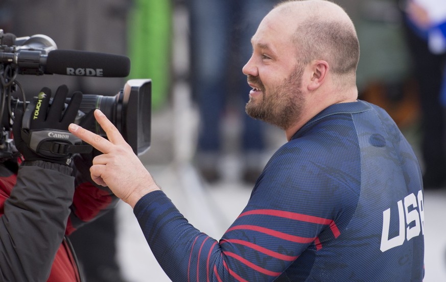 Steven Holcomb from USA cheers after their run at the Men two Bob World Cup competition in St. Moritz, Switzerland, on Saturday, February 6, 2016. The team Holcomb with Carlo Valdes finished second. ( ...