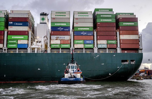 epa09375589 The container ship Ever Given arrives at the ECT (Europe Container Terminals) Delta terminal in the port of Rotterdam, the Netherlands, early 29 July 2021. The container ship that last Mar ...