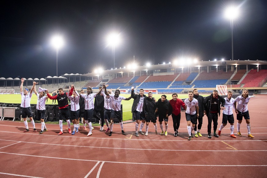 Joie des joueurs argoviens, lors de la rencontre de football de Challenge League entre FC Stade Lausanne Ouchy, SLO et FC Aarau le vendredi 15 octobre 2021 au stade de la Pontaise le Lausanne. (KEYSTO ...