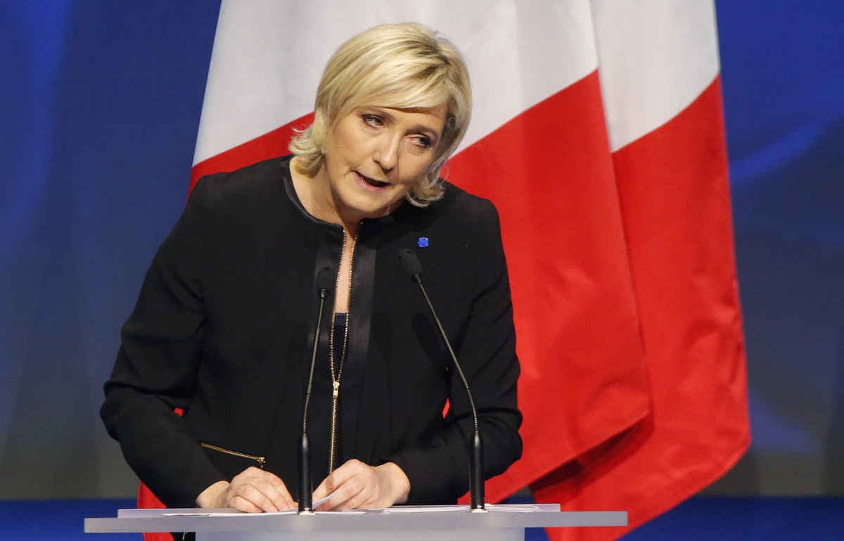 Far-right leader presidential candidate Marine Le Pen speaks during a conference in Lyon, France, Sunday, Feb. 5, 2017. Britain's decision to leave the European Union and the election of U.S. Pre ...