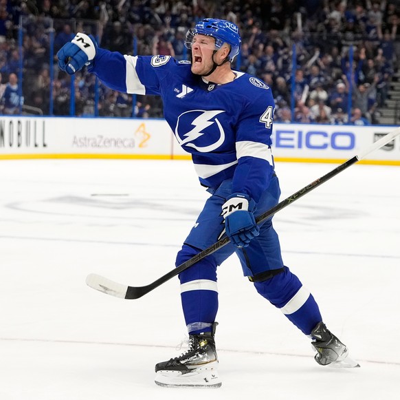 Tampa Bay Lightning defenseman Darren Raddysh (43) celebrates his goal against the Montréal Canadiens during the second period in Game 1 of an NHL hockey Stanley Cup first-round playoff series, Sunday ...