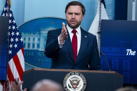 epa12636984 US Vice President JD Vance addresses the media in the James S Brady Press Briefing Room of the White House in Washington, DC, USA, 08 January 2026. Vance responded to questions on the welf ...