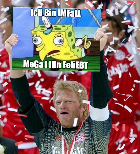 FC Bayern Munich&#039;s goalkeeper Oliver Kahn cheers as he holds up the German championship trophy shield at the Olympia stadium in Munich on Saturday, 17 May 2003. Bayern Munich president Karl-Heinz ...