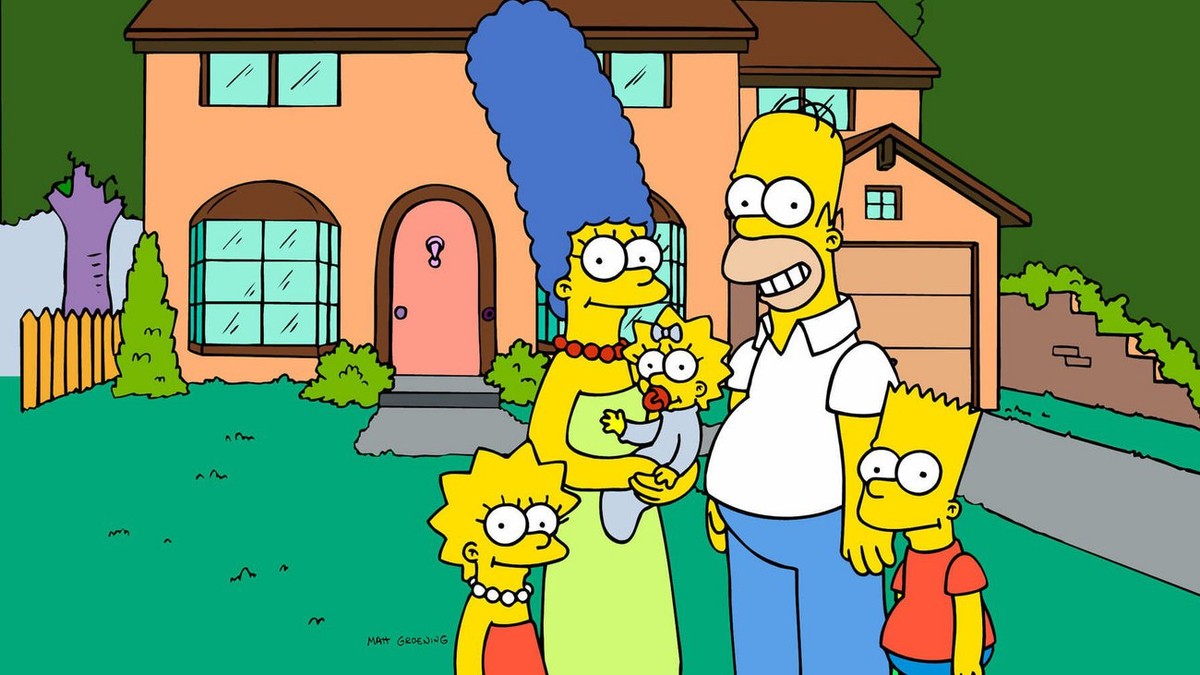 "The Simpsons": Created by Matt Groening, Fox TV's "The Simpsons," from left, are Lisa, Marge holding Maggie, Homer and Bart. The family stands in front of their cartoon house ...
