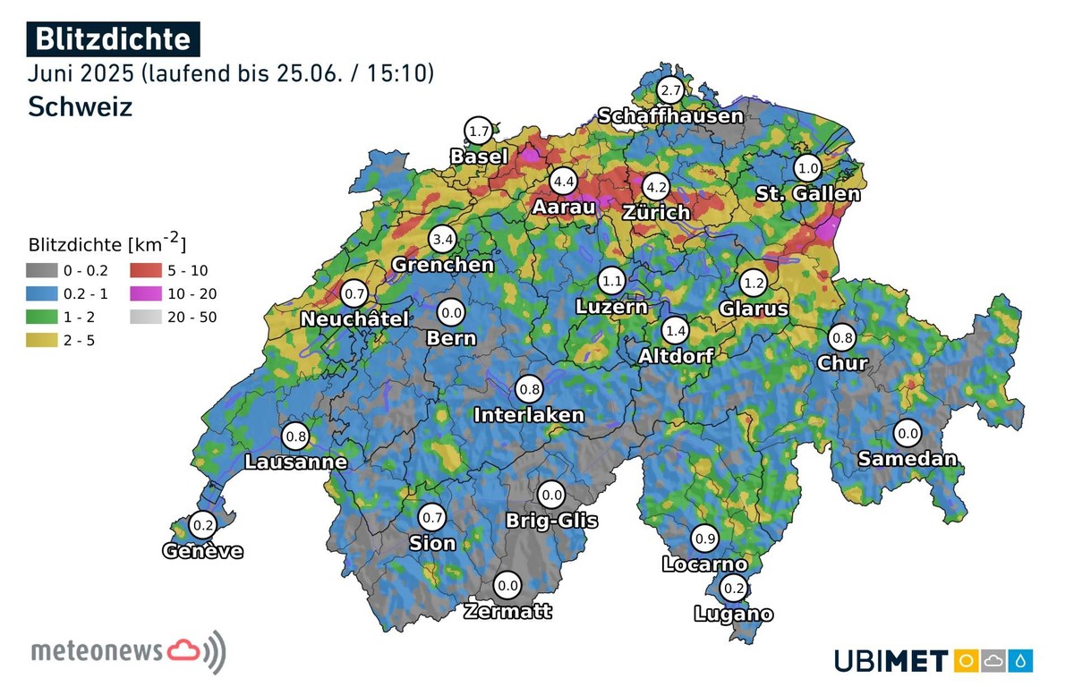 Blitzdichte über der Schweiz im Juni 2025